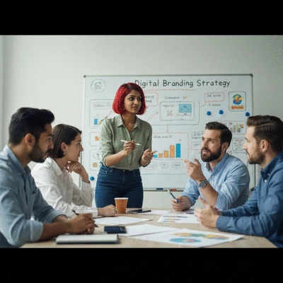 Diverse startup team collaborating on digital branding strategy