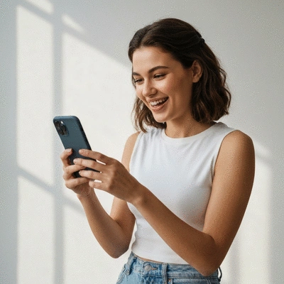 Influencer creating engaging content on a smartphone for social media, bright studio light, no text, no words, no typography, clean image