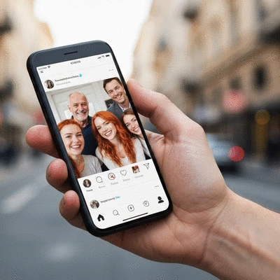 Close-up of a hand holding a smartphone displaying a social media feed with user-generated content, diverse people smiling