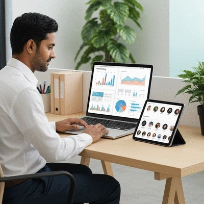 Professional using a laptop and tablet simultaneously, displaying marketing analytics and social media feeds, modern office, no text, no words, no typography, clean image