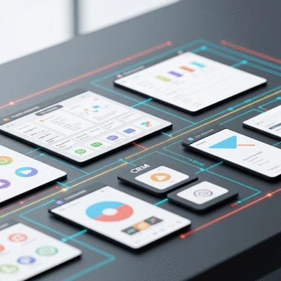 Various business applications and tools connected via digital lines, symbolizing integration
