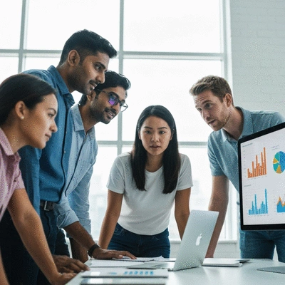 Diverse group of entrepreneurs collaborating on a digital branding strategy on a large screen