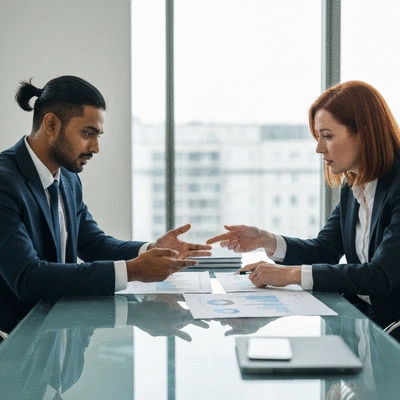 Business professionals collaborating around a table, analyzing charts and strategizing, with a focus on decision-making, modern office environment, no text, no words, no typography, 8K