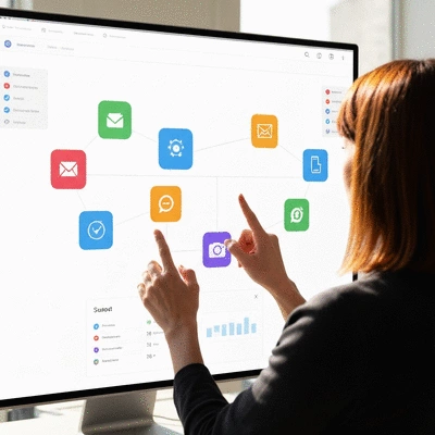 Person interacting with a digital dashboard showing various app icons connected by lines, representing workflow automation