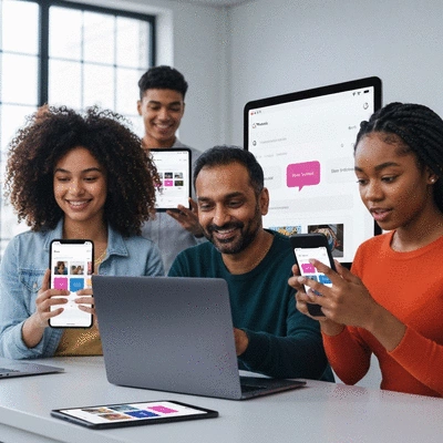Diverse group of people engaging with different digital devices showing consistent brand visuals, illustrating multi-channel approach, bright modern setting, no text, no words, no typography, 8K, clean image