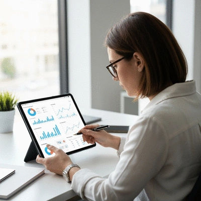 Person analyzing e-commerce data on a tablet with charts and graphs