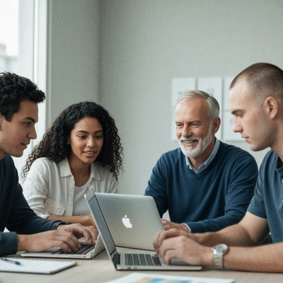 Diverse startup team collaborating around a table, using various automation tools on laptops and tablets, modern office setting