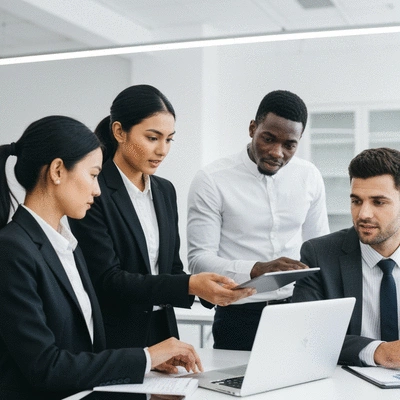 Diverse group of business professionals collaborating on a laptop and tablet, discussing market trends, modern office setting, clean background, no text, no words, no typography, 8K
