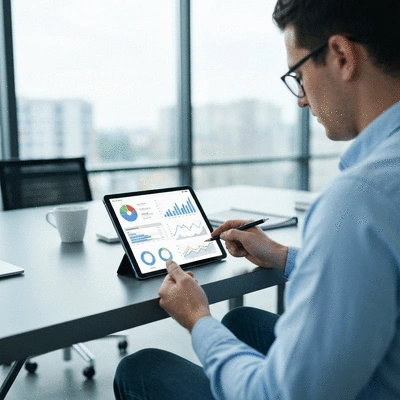 Person analyzing marketing data on a tablet with charts and graphs