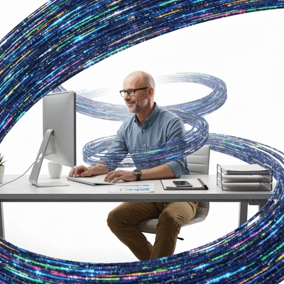 Person working efficiently at a desk with automated processes represented by flowing data, clean image