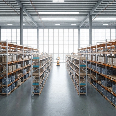 Modern warehouse with automated robotic systems and neatly organized shelves