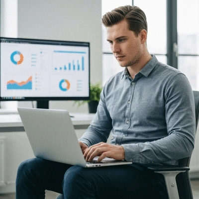 Person researching eCommerce platforms on a laptop, with charts and graphs in the background, no text, no words, no typography, clean image