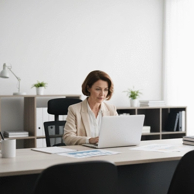 Entrepreneur thoughtfully working on digital branding strategy on a laptop, surrounded by modern office elements, no text, no words, no typography, clean image