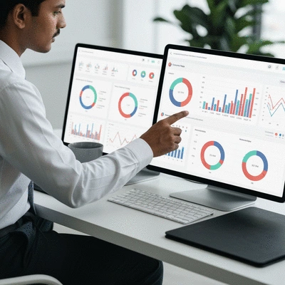 Person analyzing color strategy effectiveness on a dashboard with charts and graphs