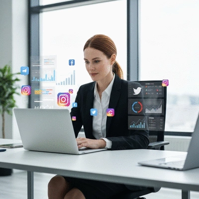 Digital marketing professional analyzing data on a laptop, with social media icons and charts floating around, clean office setting, no text, no words, no typography, 8K