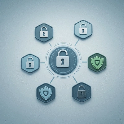 A visual representation of data security and compliance with interconnected digital locks and shield icons