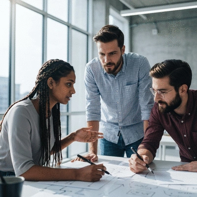 Diverse team collaborating on a startup project in a modern office