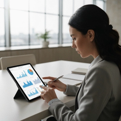Professional analyzing data on a tablet, showing graphs and charts, clean image