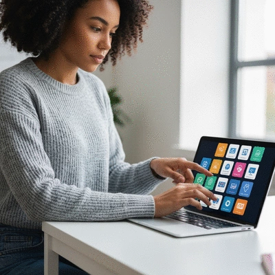 Person using a tablet to select from various automation tools, clean image