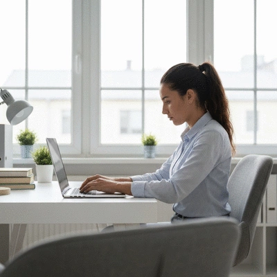 Person working remotely on a laptop with a focused expression, representing efficient outsourcing