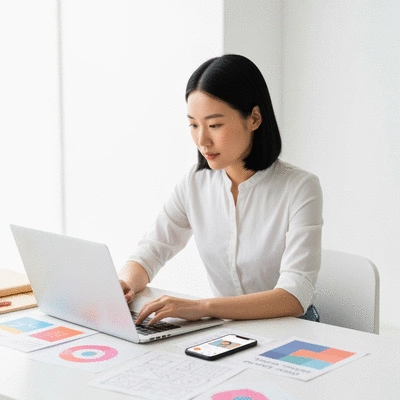Person creating engaging blog content on a laptop, surrounded by marketing elements, clean image