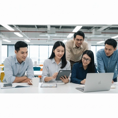 Person using a tablet and laptop, collaborating with team members, illustrating effective campaign implementation