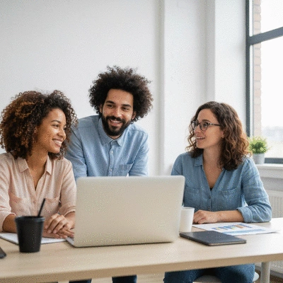 Diverse team collaborating online, showing successful remote work integration in a modern setting