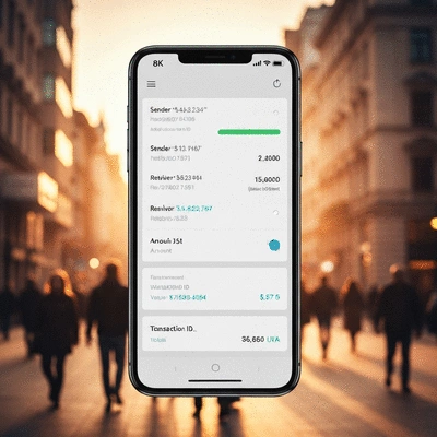 Modern digital payment interface on a smartphone screen, showing cryptocurrency transaction details, with a blurred background of a bustling city street, no text, no words, no typography, 8K, natural lighting