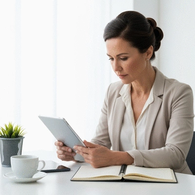 Aspiring entrepreneur planning their online business launch, with a notebook, tablet, and coffee, displaying elements of market research, business plan, and marketing strategy, bright clean background, no text, no words, no typography, clean image
