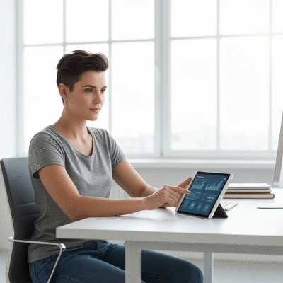 Modern office worker interacting with digital automation dashboard on a tablet