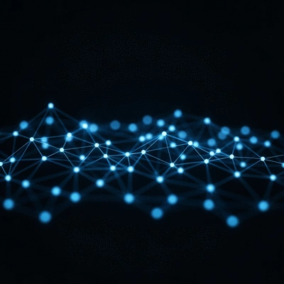 Stylized graphic showing interconnected data points forming a network, representing data analytics and AI