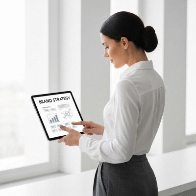 Woman using a tablet with a clear brand strategy displayed, modern clean setup