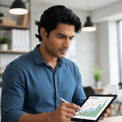 Entrepreneur looking at a growth chart on a tablet