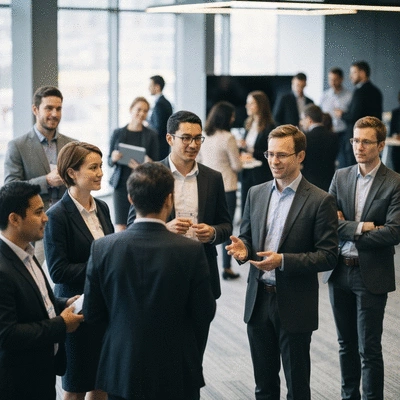 Diverse group of entrepreneurs networking at an eCommerce conference, discussing business, clean image, no text