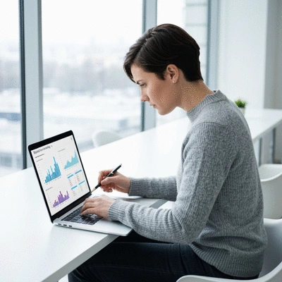 Person analyzing digital marketing data on a laptop, with charts and graphs on screen