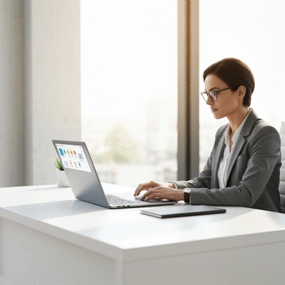 Modern office worker using automation software on laptop, clean desk, bright lighting