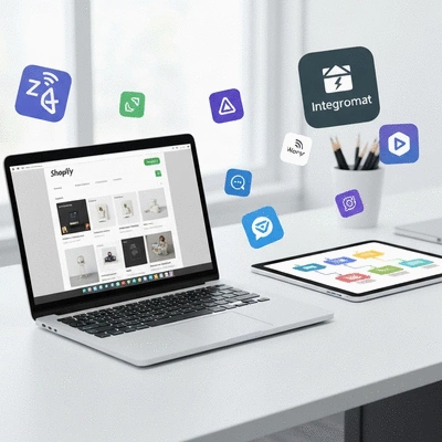 Modern office desk with a laptop displaying a Shopify store, a tablet with a workflow diagram, and various automation app icons floating around, symbolizing efficiency and streamlined operations, no text, no words, no typography, no labels, clean image