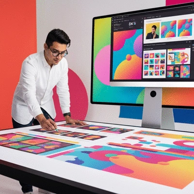 Modern professional creating a brand story using visual elements on a large digital canvas, surrounded by vibrant colors and abstract shapes, no text, no words, no typography, 8K, clean image