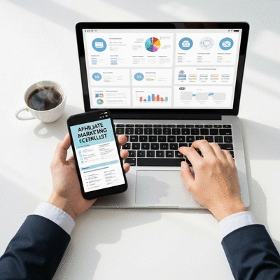 Hand holding a smartphone displaying an affiliate marketing checklist, with a laptop and coffee in the background, representing digital business tools.