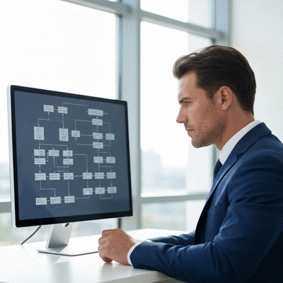 Business person looking at a decision tree or flowchart, representing strategic choices