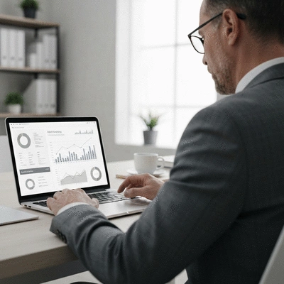 Person analyzing digital marketing data on a laptop, showing charts and graphs, clean office environment