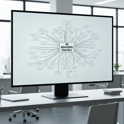Modern office workspace with a digital branding strategy mind map on a screen, clean image