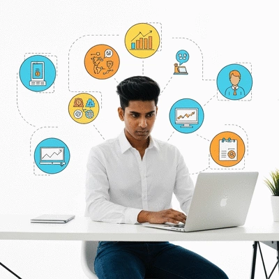 Modern entrepreneur working on a laptop, surrounded by icons representing key digital economy trends like sustainability, personalization, and remote services, bright clean background, no text, no words, no typography, clean image