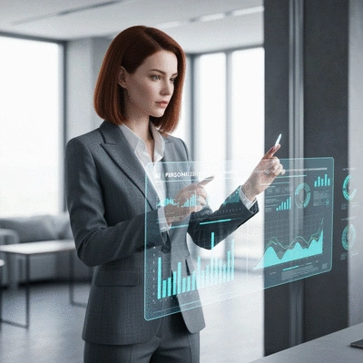 Female entrepreneur looking at data visualizations on a transparent screen, showcasing AI personalization in e-commerce