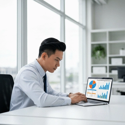 Person analyzing data on a laptop with charts and graphs, representing affiliate marketing optimization