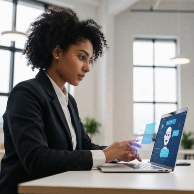 Person interacting with AI chatbot on a laptop, symbolizing human-AI synergy
