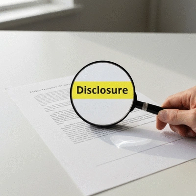 Magnifying glass over a document with 'Disclosure' highlighted, symbolizing transparency in digital marketing