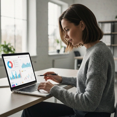 Digital marketing professional analyzing social media analytics on a laptop with charts and graphs