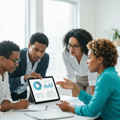 Diverse group of small business owners collaborating on a marketing strategy, looking at a tablet with charts, representing affiliate partnerships.