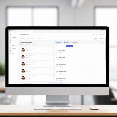 Modern helpdesk software interface on a desktop computer, showing customer inquiries and resolution statuses